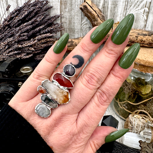 Multi Stone Rainbow Moonstone Moss Agate Citrine Carnelian & Star Ruby Ring In Fine Silver Size 8 / Foxlark Collection