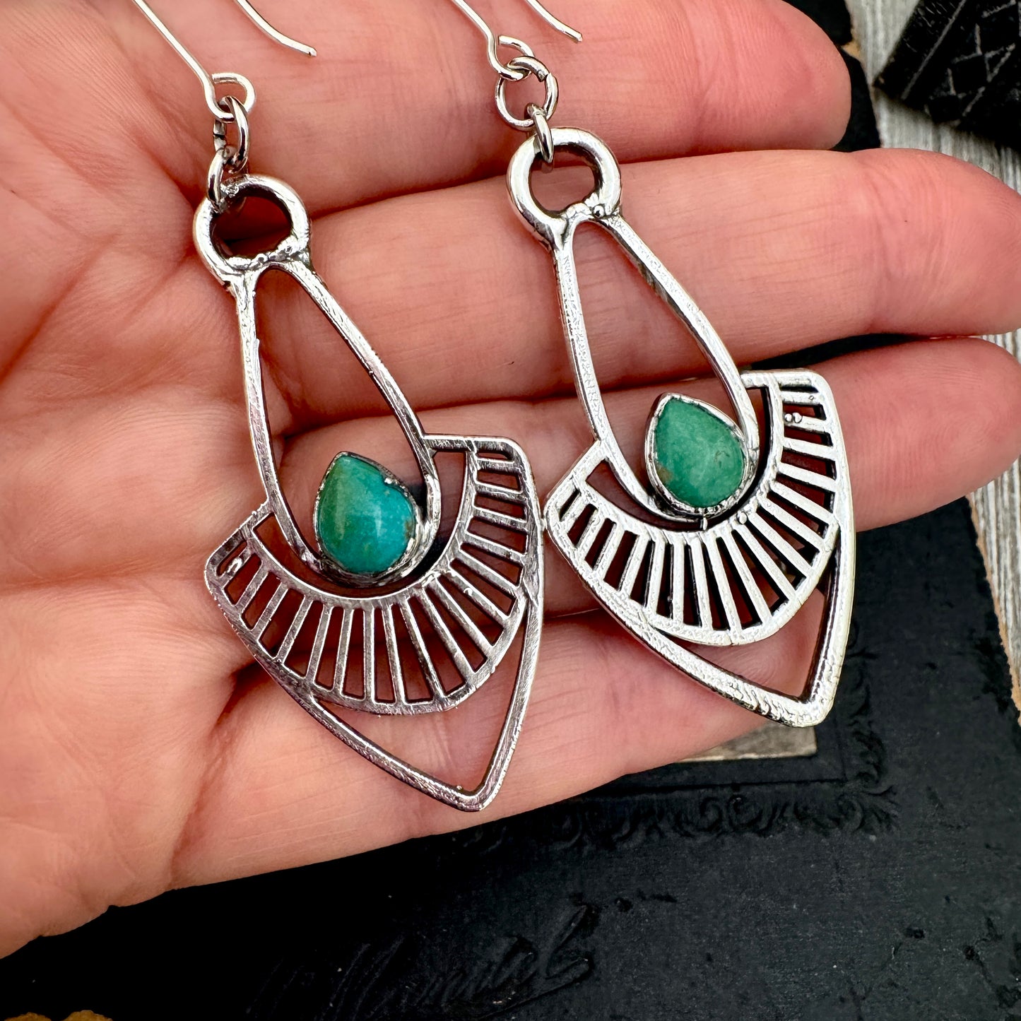 Tibetan Turquoise Long Dangle Drop Earrings in Fine Silver FOXLARK