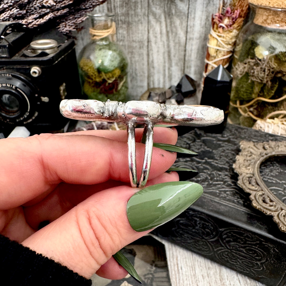 three's company doll head statement ring, fine silver, size 9