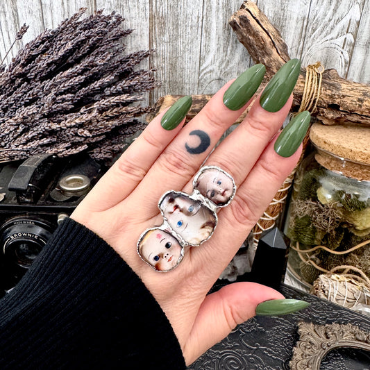 three's company doll head statement ring, fine silver, size 9