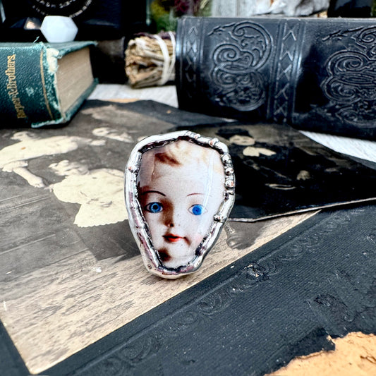 doll head statement ring, fine silver, size 8