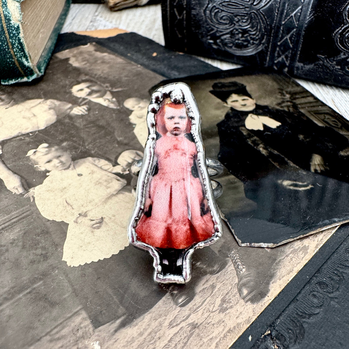lady in pink doll statement ring, fine silver, size 8