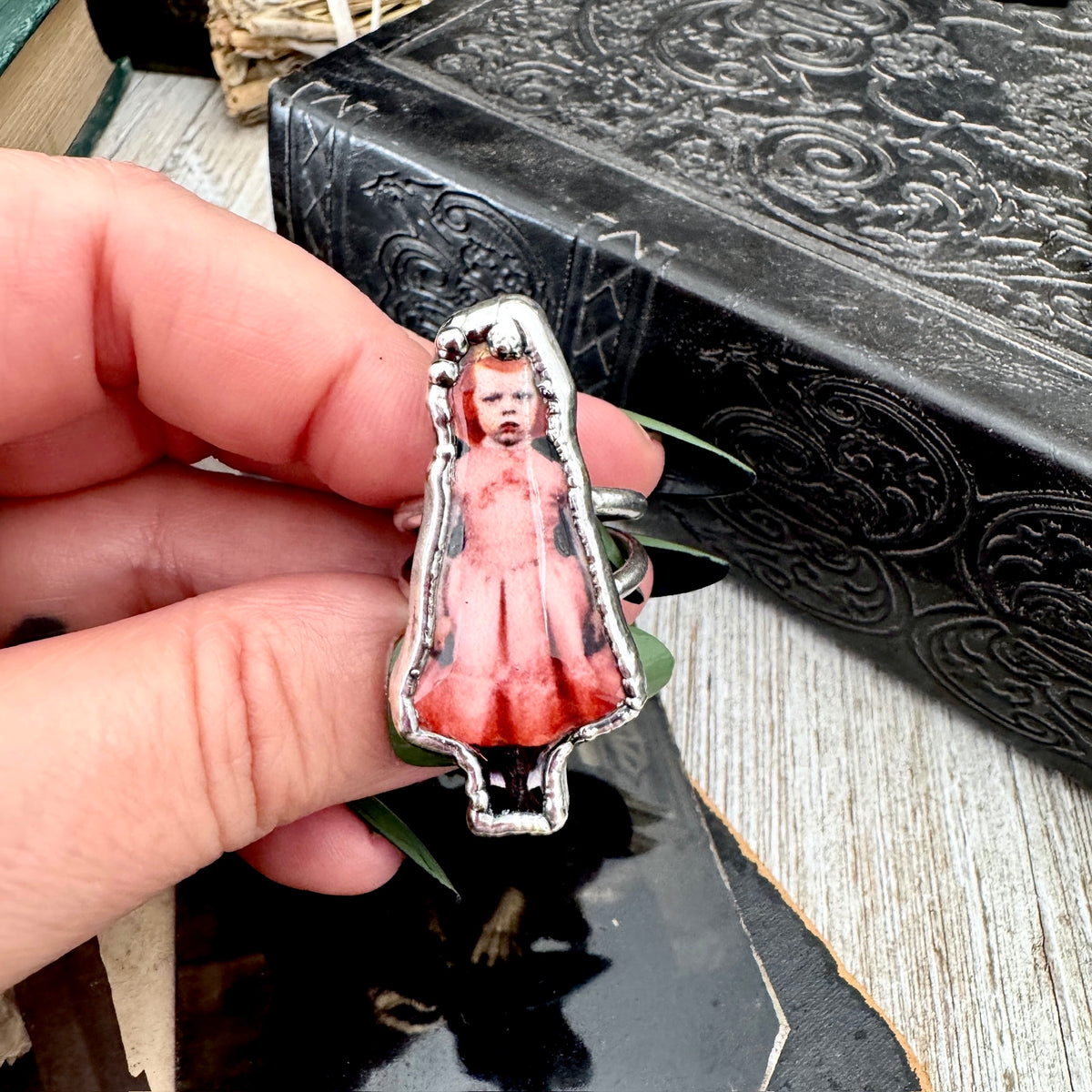 lady in pink doll statement ring, fine silver, size 8