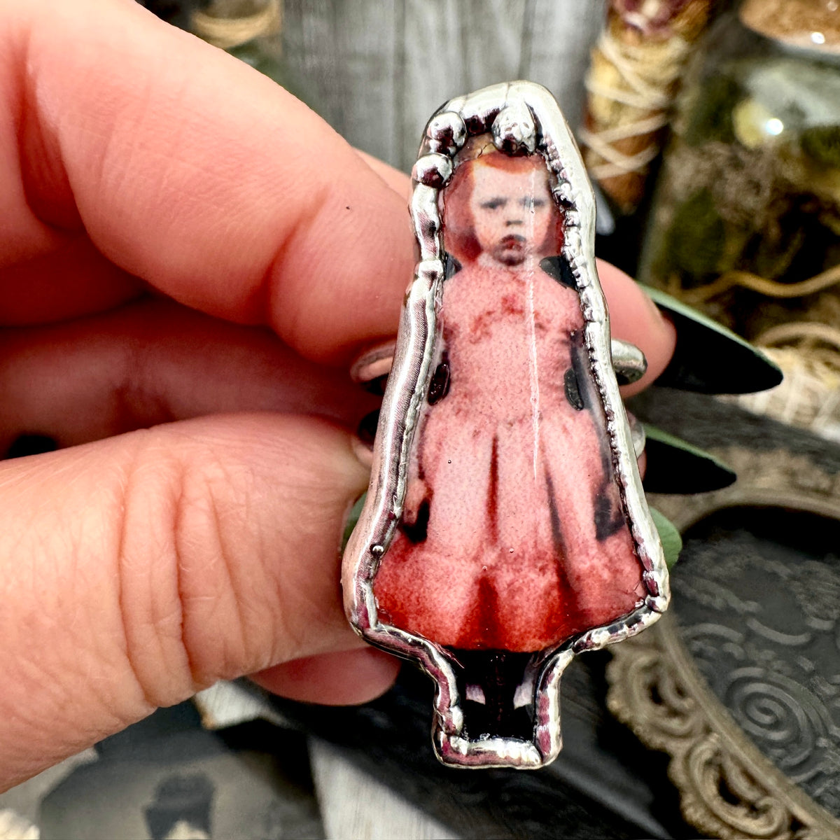 lady in pink doll statement ring, fine silver, size 8