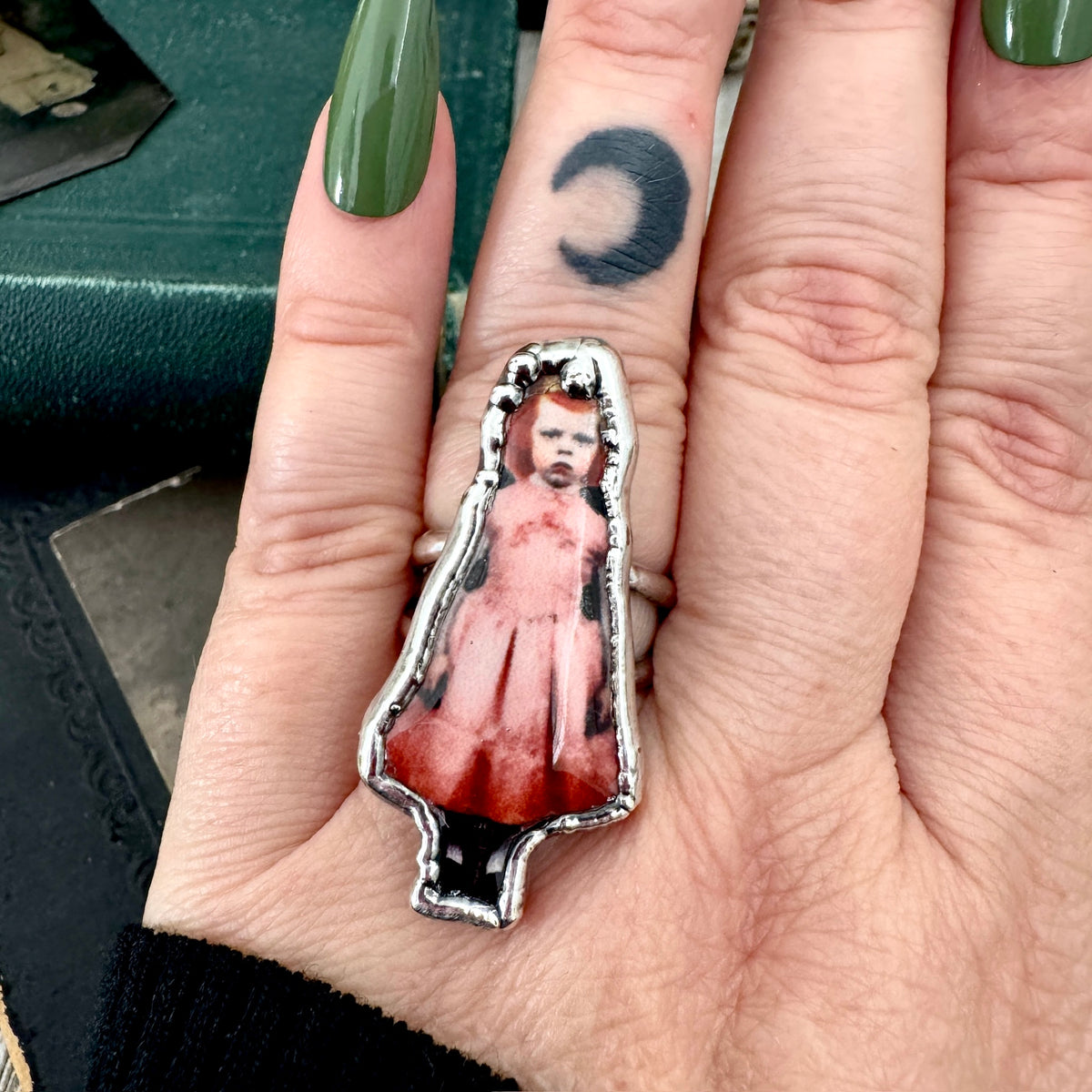 lady in pink doll statement ring, fine silver, size 8