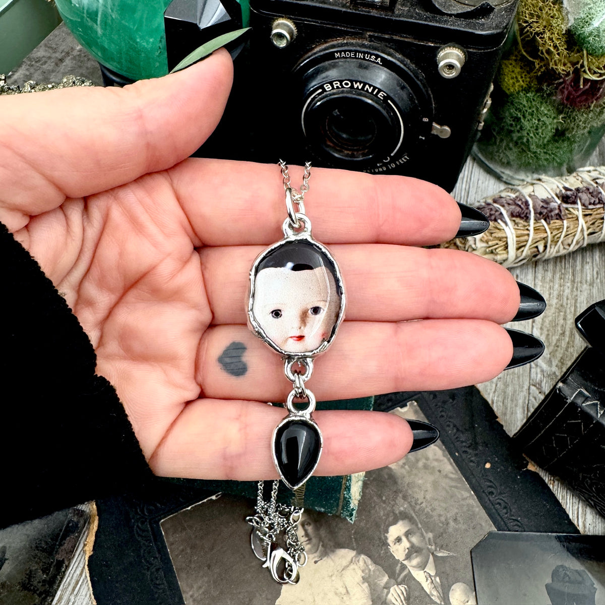 doll head necklace, obsidian, fine silver