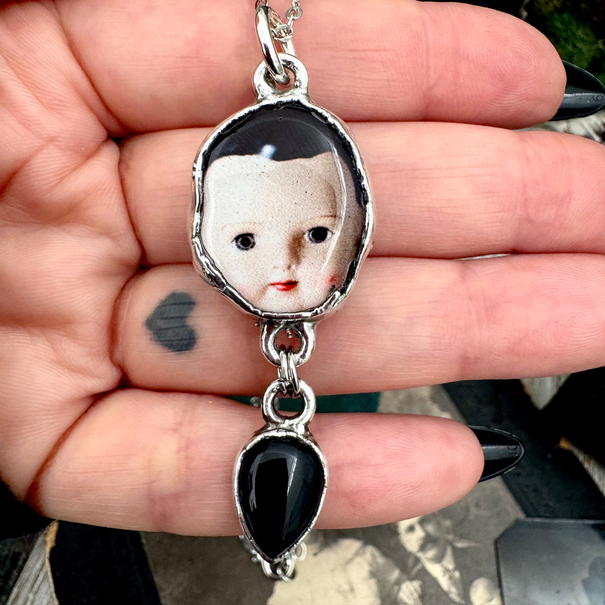 doll head necklace, obsidian, fine silver