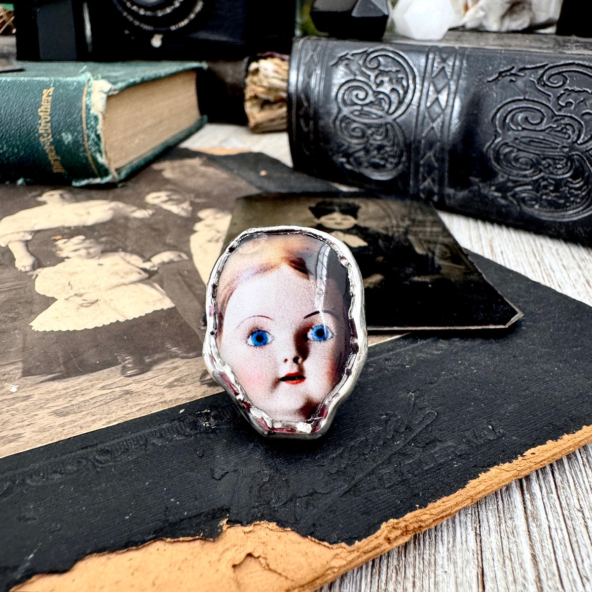doll head statement ring, fine silver, size 7