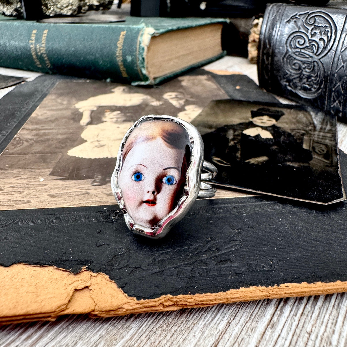 doll head statement ring, fine silver, size 7