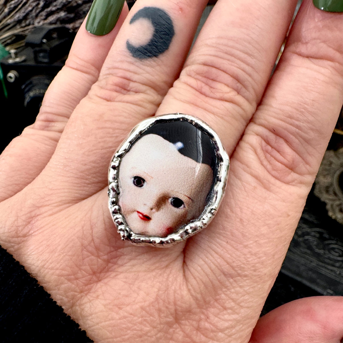vamp doll statement ring, fine silver, size 8.5