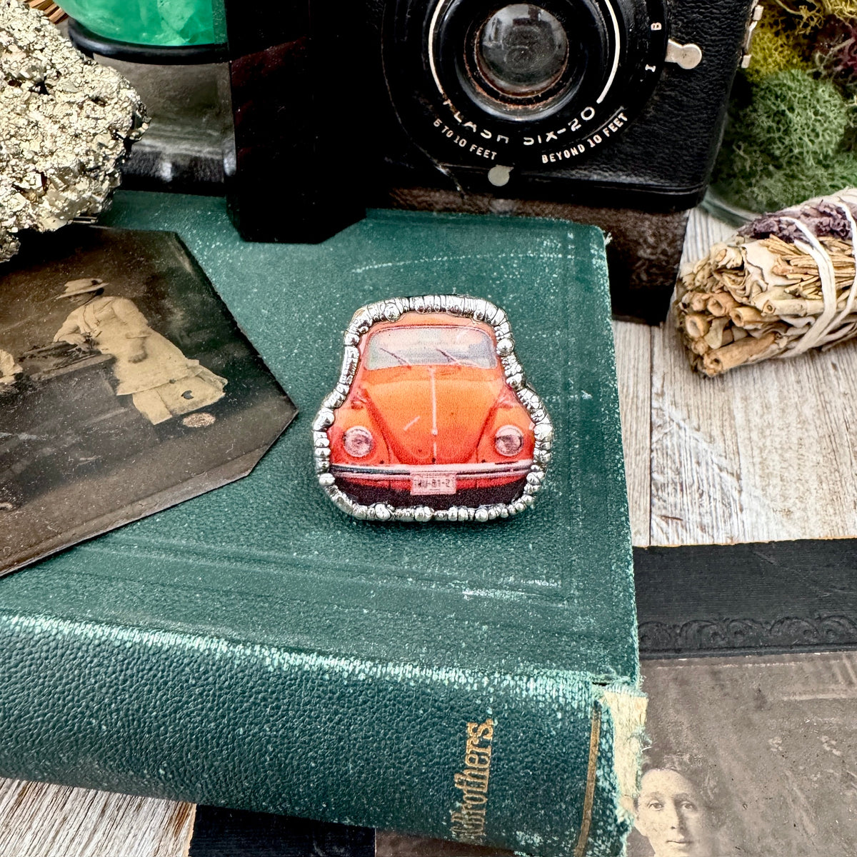 Vintage VW Bug statement ring in fine silver by FOXLARK, size 10.5, from The Paper Projects collection, detailed car design.
