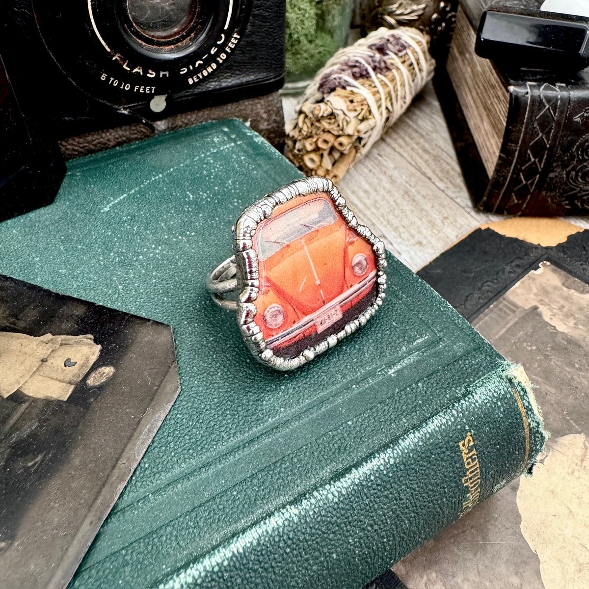 Vintage VW Bug statement ring by FOXLARK in fine silver, size 10.5, featuring detailed car design from the FOXLARK RINGS collection.