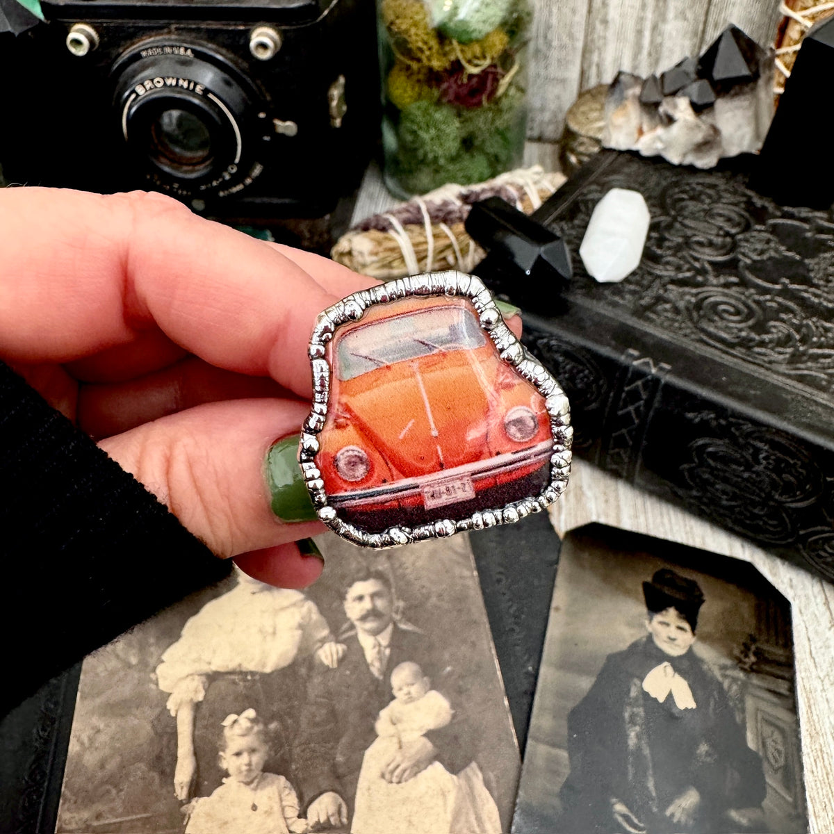 Vintage VW Bug statement ring in fine silver, size 10.5, from FOXLARK's FOXLARK-RINGS collection, featuring detailed car design.