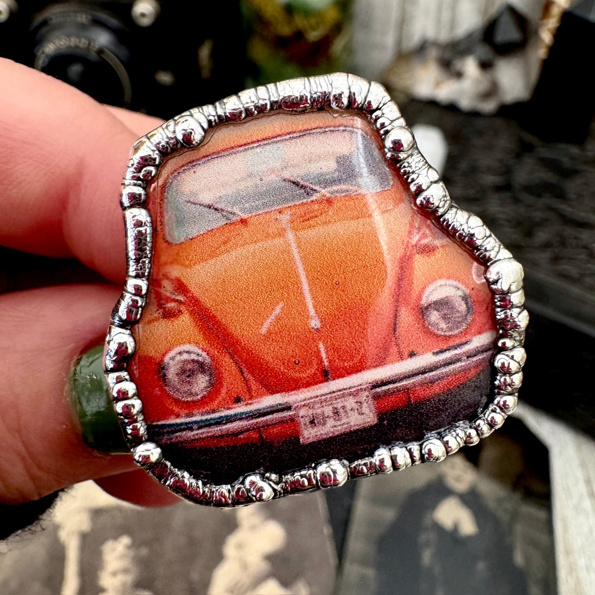 Vintage VW Bug statement ring by FOXLARK in fine silver, size 10.5, featuring detailed car design from the FOXLARK rings collection.