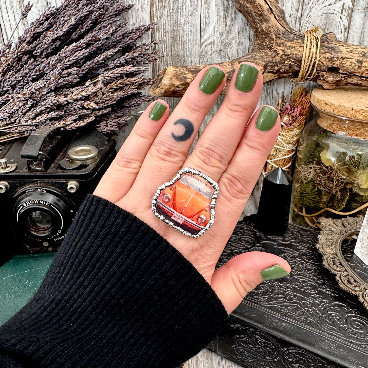 Vintage VW bug statement ring in fine silver, size 10.5, from FOXLARK's FOXLARK-RINGS collection, featuring detailed car design.