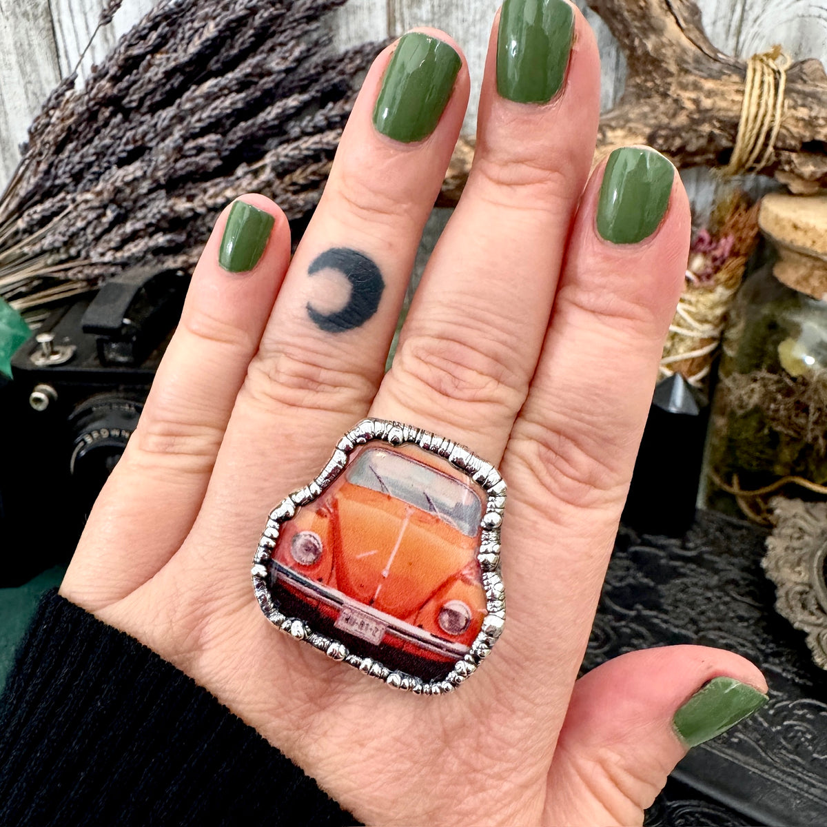 Vintage VW Bug statement ring in fine silver, size 10.5, from FOXLARK's FOXLARK-RINGS collection, featuring detailed car design.