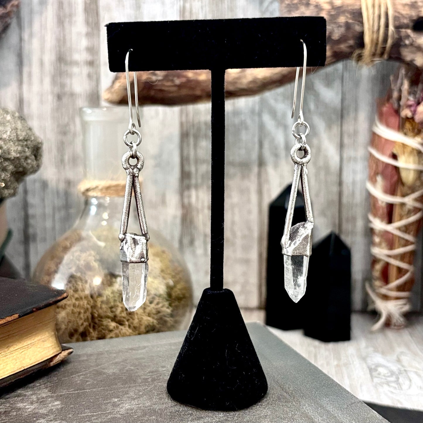 Raw Clear Quartz Fine Silver Crystal Dangle Earrings / Long Dangle Witchy Earrings