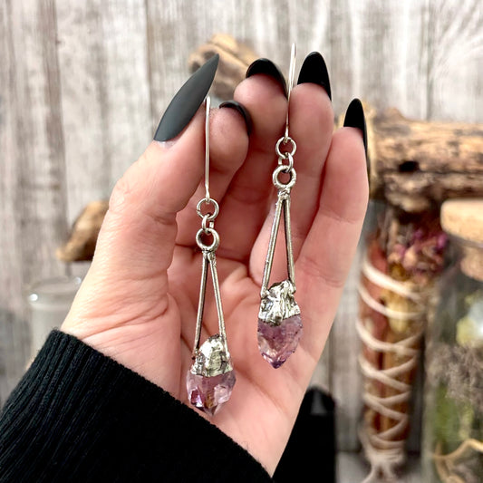 Raw Amethyst Fine Silver Crystal Dangle Earrings / Long Dangle Witchy Earrings