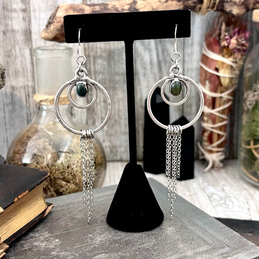 Moss Agate Fine Silver Crystal Hoop Fringe Earrings / Long Dangle Witchy Earrings
