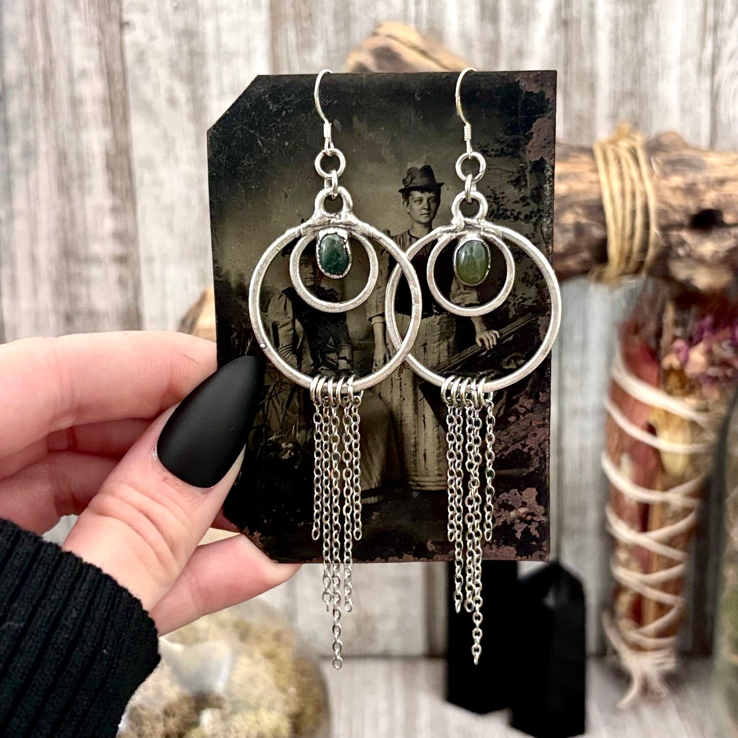 Moss Agate Fine Silver Crystal Hoop Fringe Earrings / Long Dangle Witchy Earrings