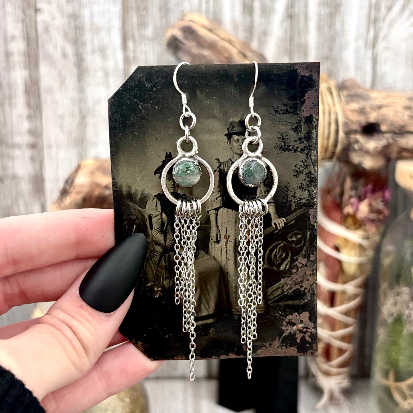Moss Agate Fine Silver Crystal Hoop Fringe Earrings / Long Dangle Witchy Earrings