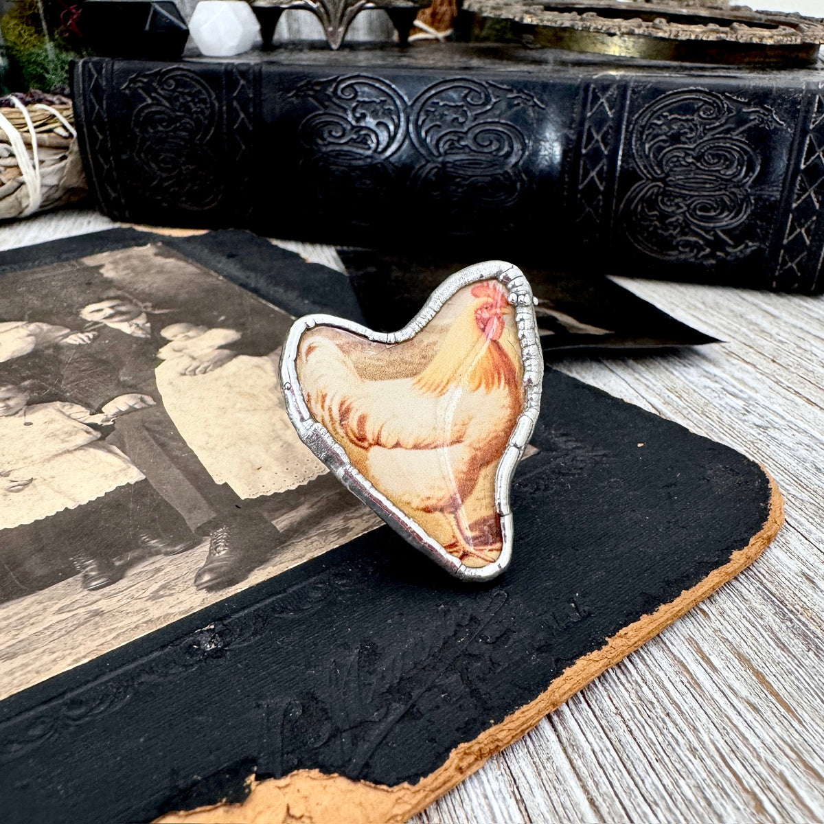 Medium vintage chicken statement ring by FOXLARK in fine silver, size 7.5, featuring detailed chicken design.