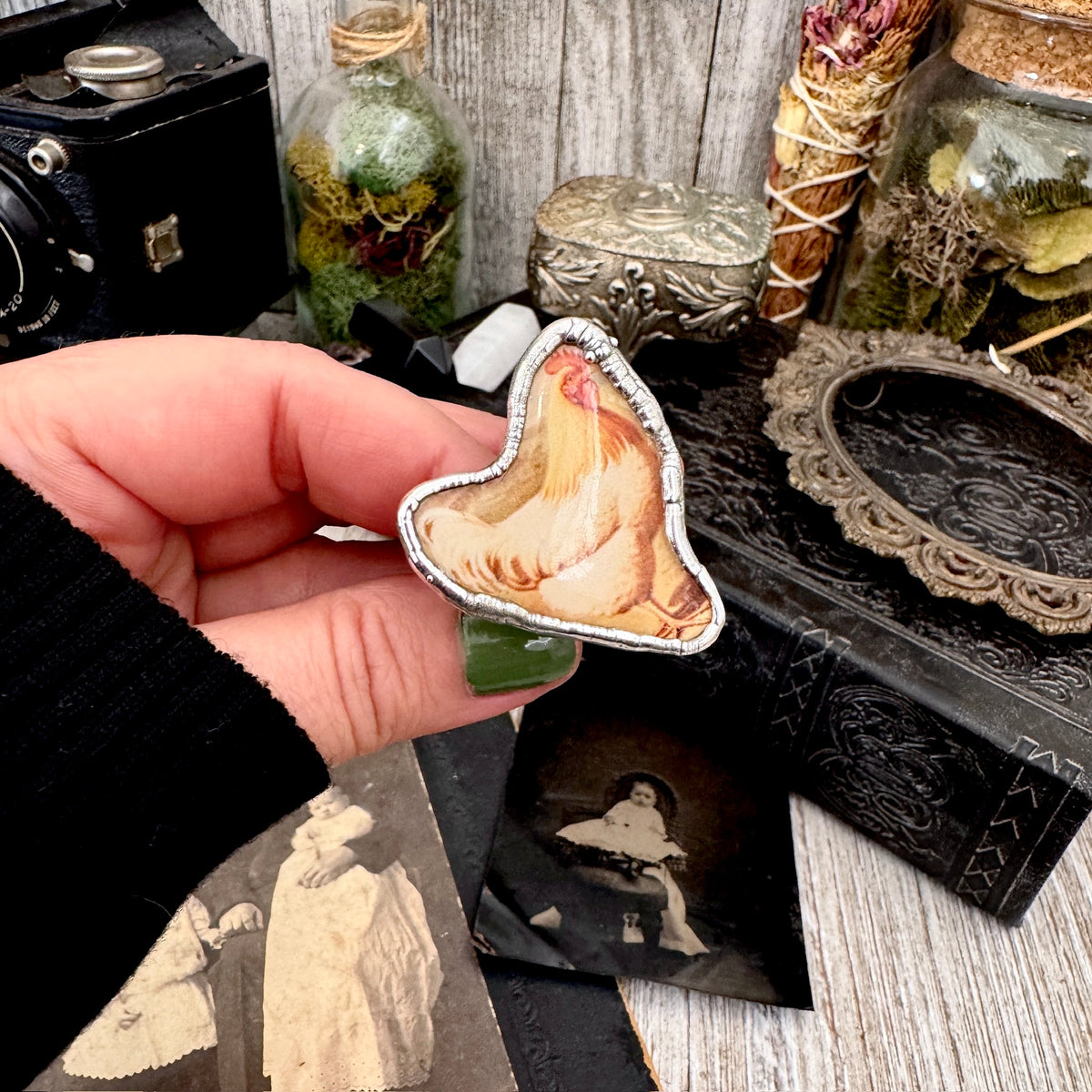 Medium vintage chicken statement ring by FOXLARK in fine silver, size 7.5, featuring detailed chicken design and unique craftsmanship.