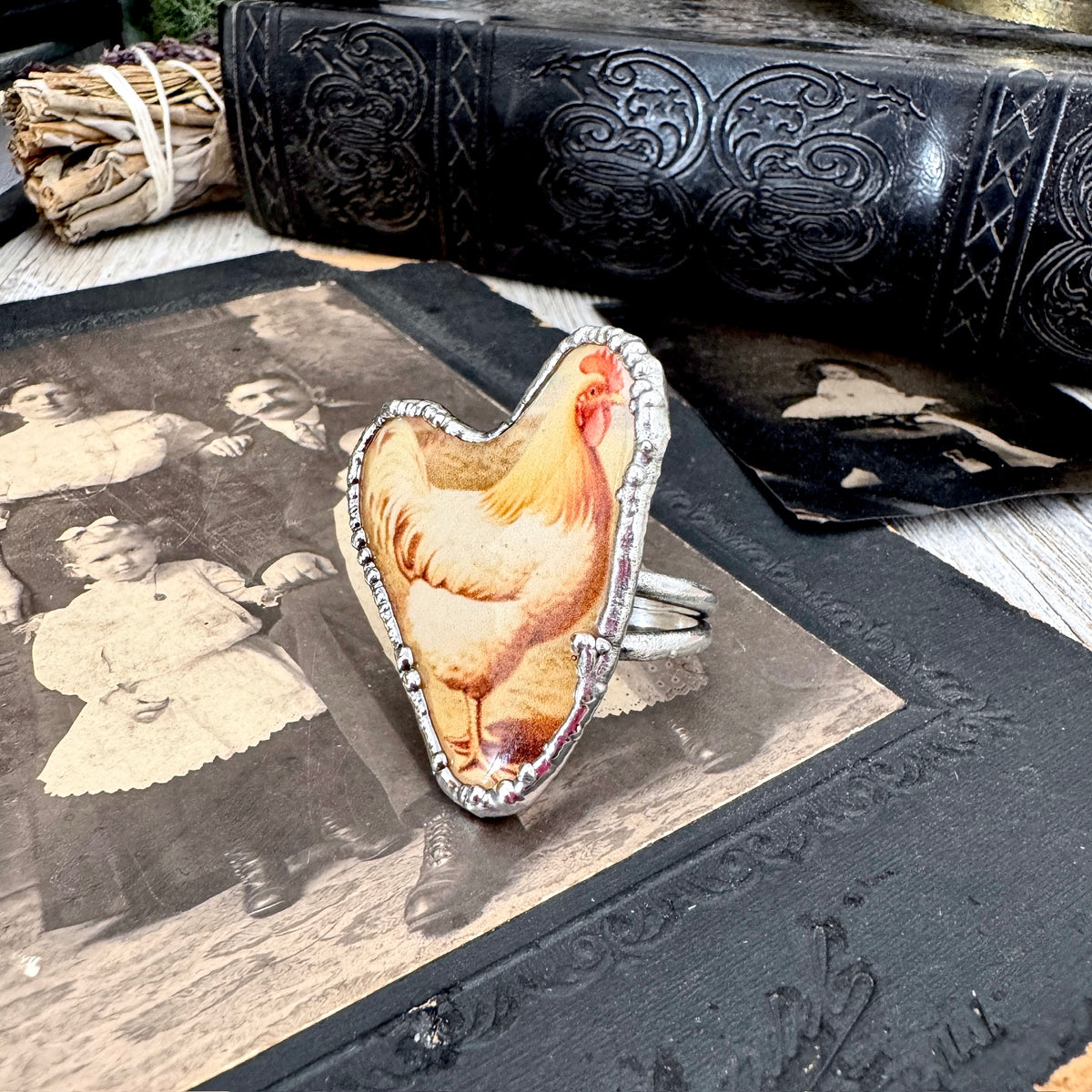 Large vintage FOXLARK chicken statement ring in fine silver, size 10, from the Paper Projects collection.