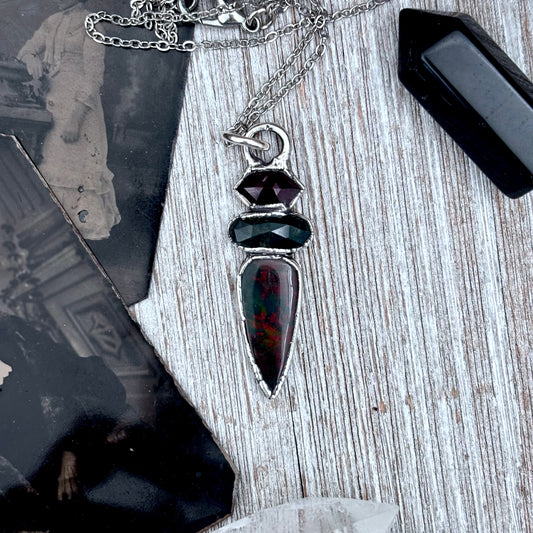 Multi Stone Garnet Moss Agate Bloodstone Crystal Necklace Fine Silver / Foxlark Collection