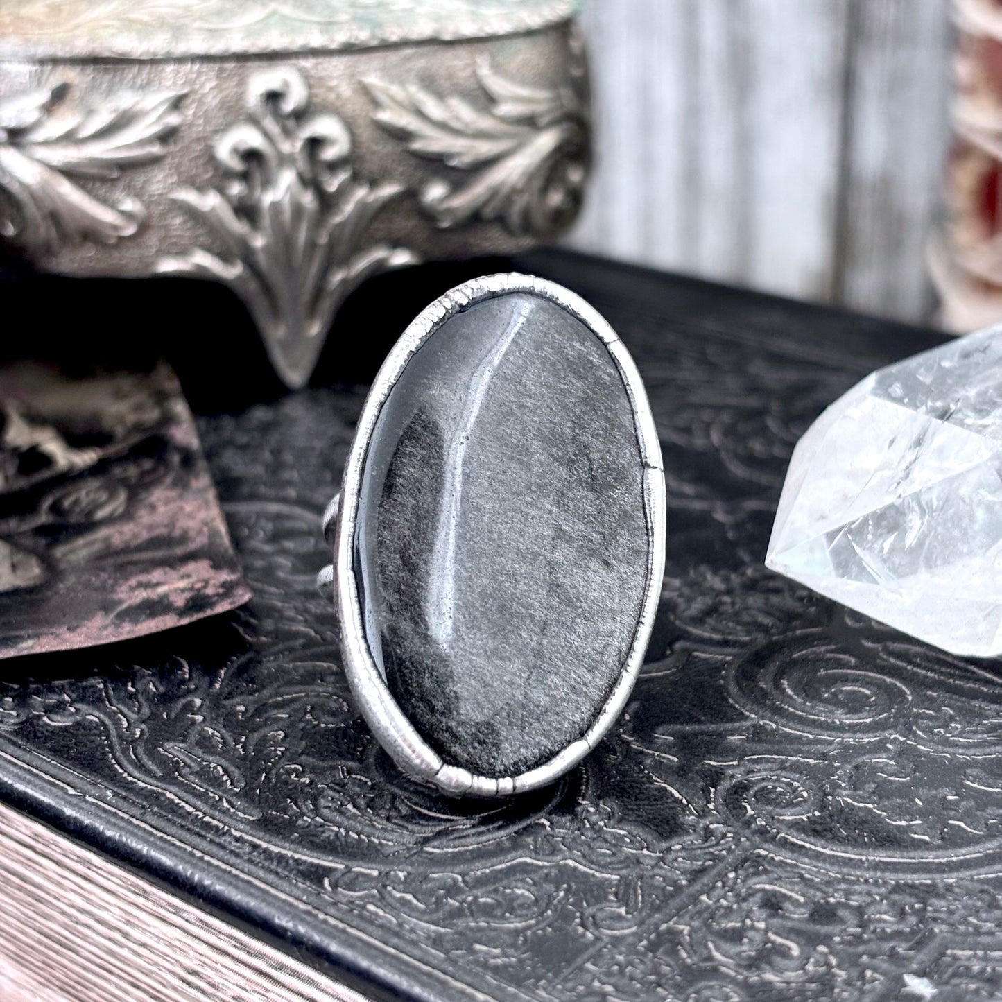 Silver Sheen Obsidian Crystal Ring Fine Silver Size 9 / Foxlark Collection - One of a Kind