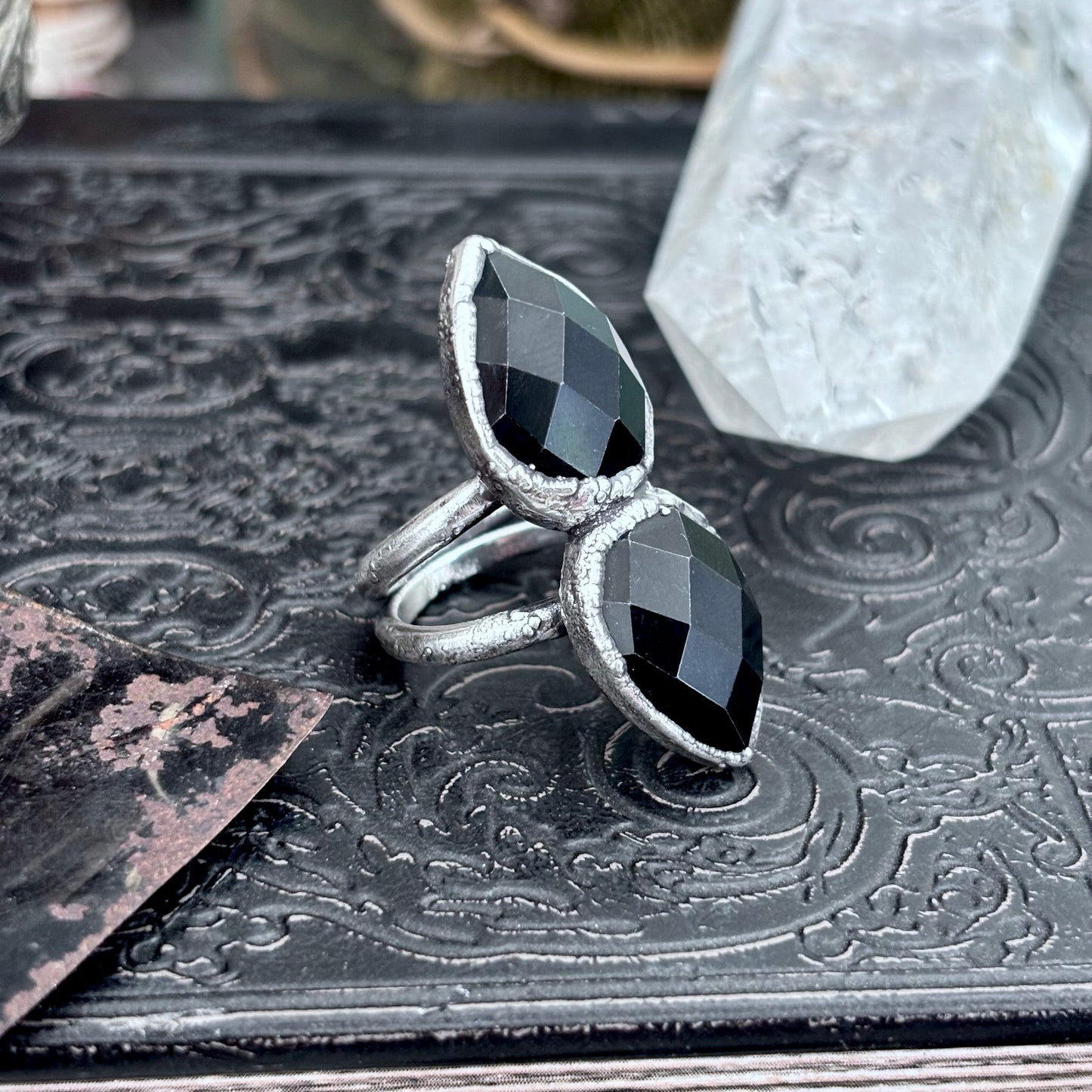 Multi Stone Black Onyx Crystal Ring Fine Silver Size 6 / Foxlark Collection - One of a Kind