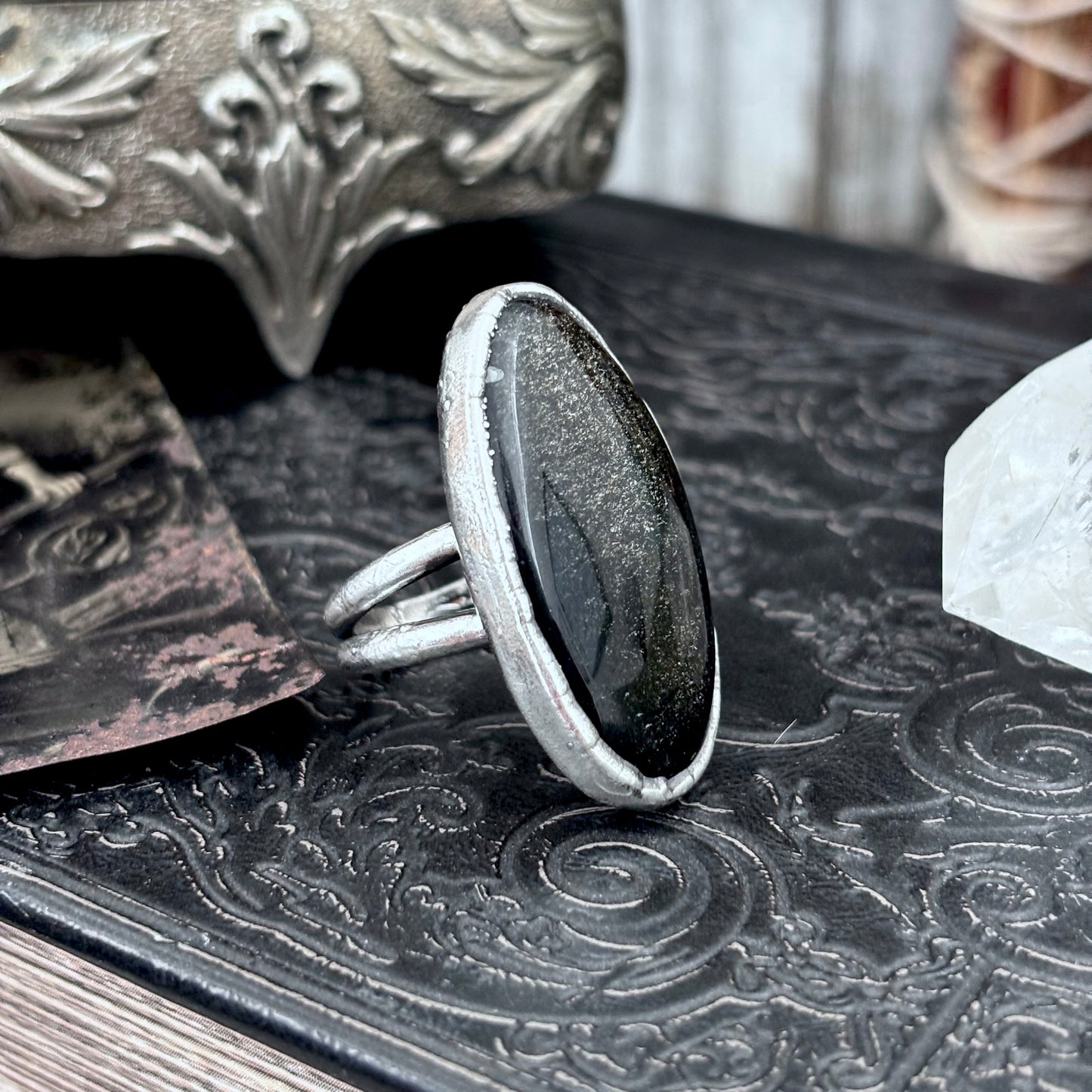 Golden Sheen Obsidian Crystal Ring Fine Silver Size 7 / Foxlark Collection - One of a Kind