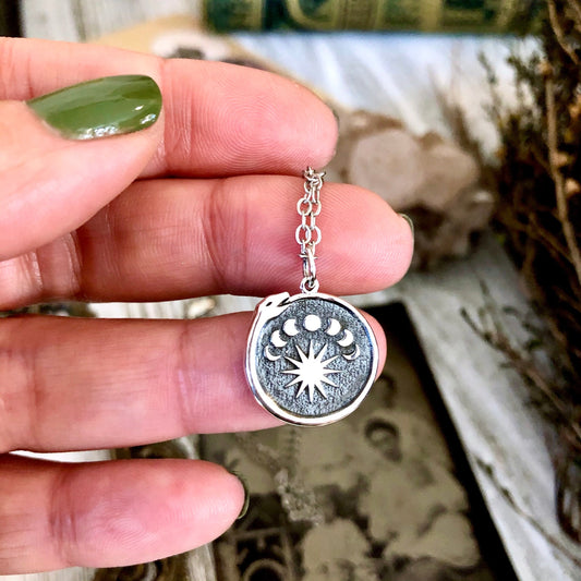 Tiny Talisman Collection - Sterling Silver  Silver Ouroboros Snake. with Moon Phases Necklace Pendant  15mm /.