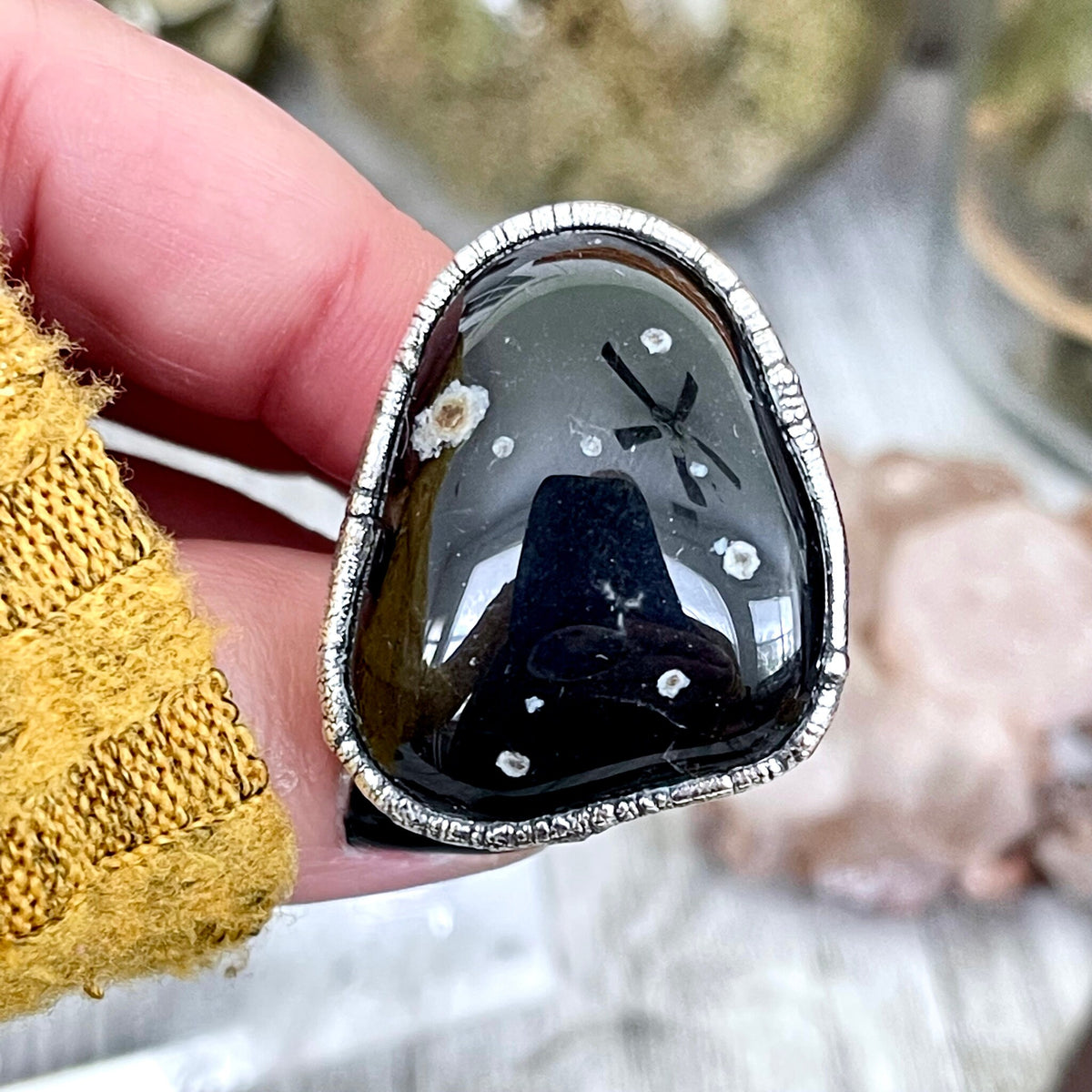 Size 9 Natural Black Tumbled Stone Agate Ring in Fine Silver/ Foxlark Collection - One of a Kind.