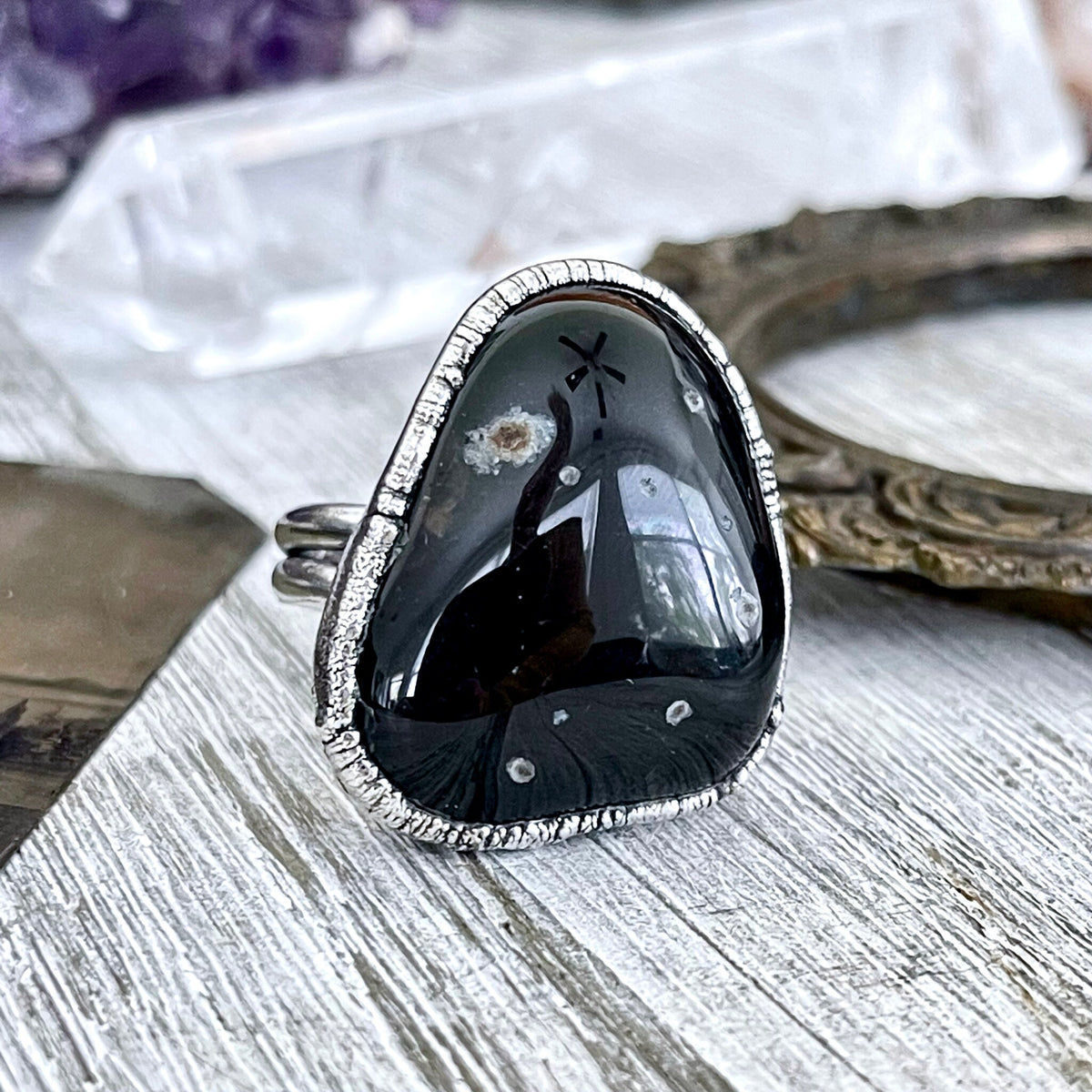 Size 9 Natural Black Tumbled Stone Agate Ring in Fine Silver/ Foxlark Collection - One of a Kind.