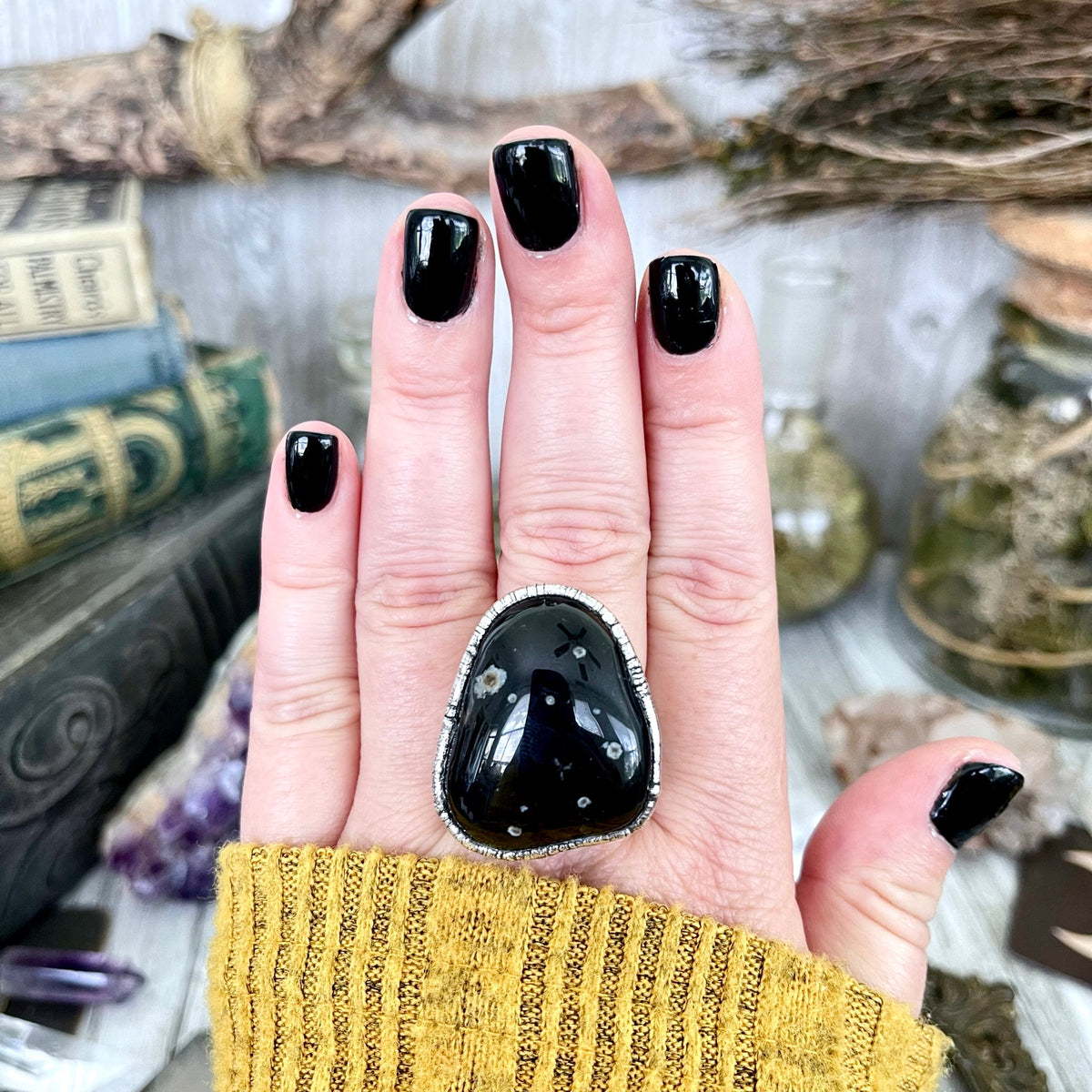 Size 9 Natural Black Tumbled Stone Agate Ring in Fine Silver/ Foxlark Collection - One of a Kind.