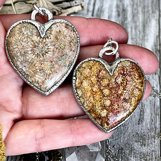 Big Fossilized Coral Heart Necklace in Fine Silver / Foxlark Collection - One of a Kind.