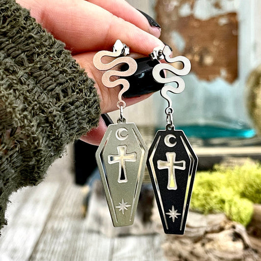 Coffin and Snake Earrings in Stainless Steel Earrings / Hypoallergenic Gothic Earring.