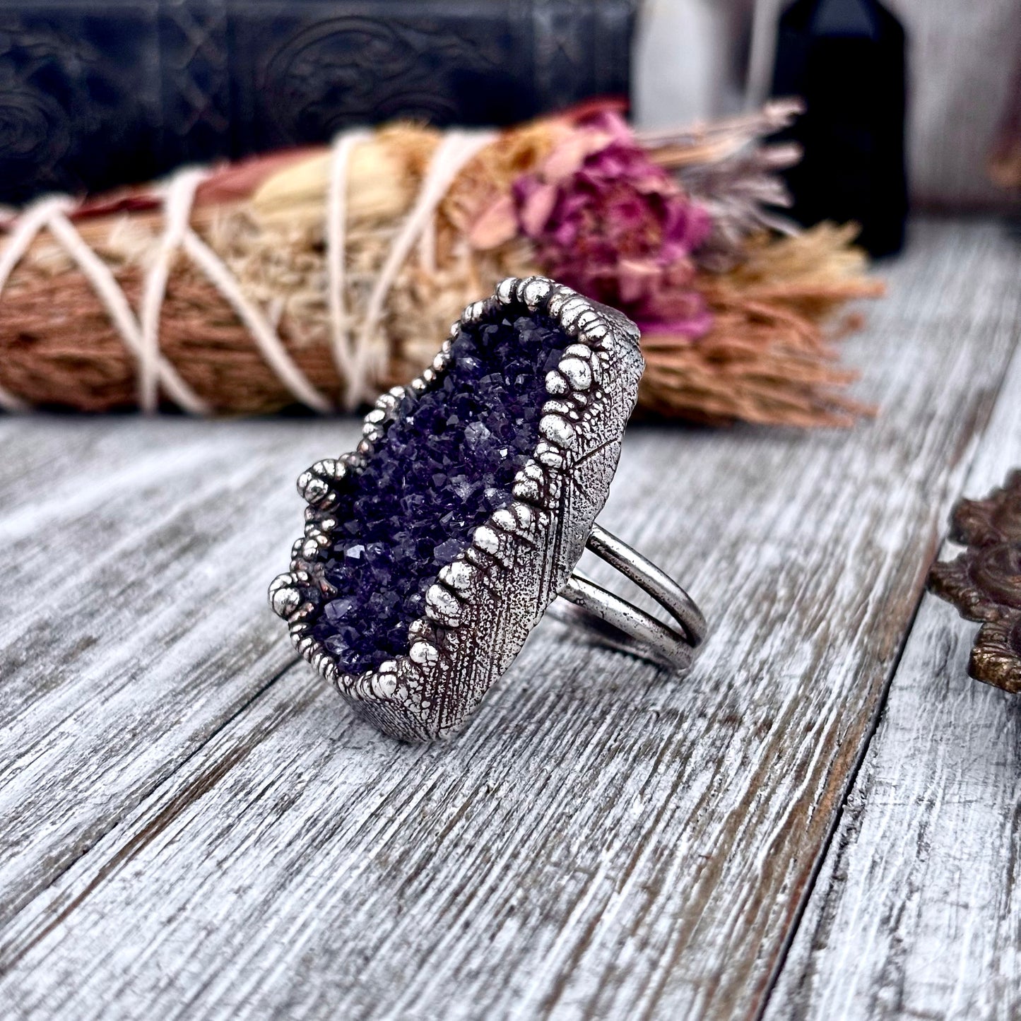 Raw Purple Amethyst Crystal Druzy Geode Ring in Fine Silver Size 9.5 / Foxlark Collection
