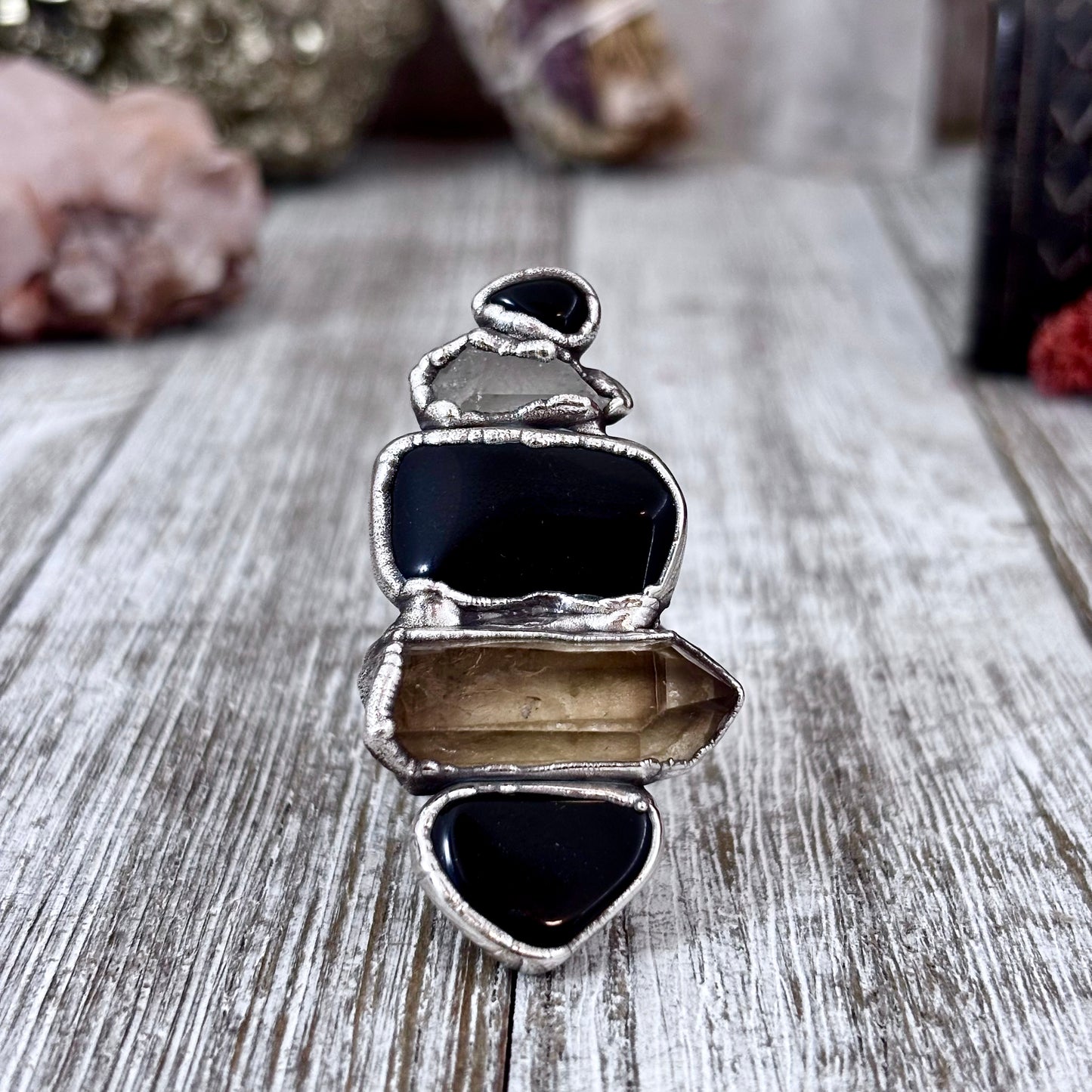 Multi Stone Obsidian Smoky Quartz Clear Quartz Ring In Silver Size 9 / Foxlark Collection