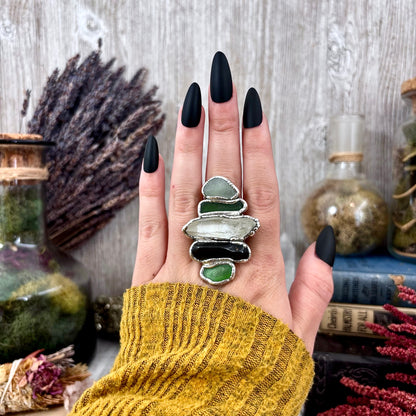 Multi Stone Sea Glass Obsidian Clear Quartz Ring In Silver Size 8/ Foxlark Collection