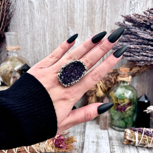 Raw Purple Amethyst Crystal Druzy Geode Ring in Fine Silver Size 9.5 / Foxlark Collection