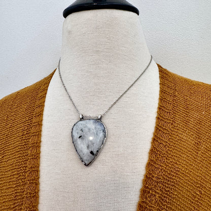 Big Rainbow Moonstone with Black Tourmaline Necklace in Fine Silver / Foxlark Collection - One of a Kind