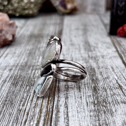 Multi Stone Peach Moonstone Rainbow Moonstone Obsidian Moss Agate Quartz Ring In Silver Size 10 / Foxlark Collection