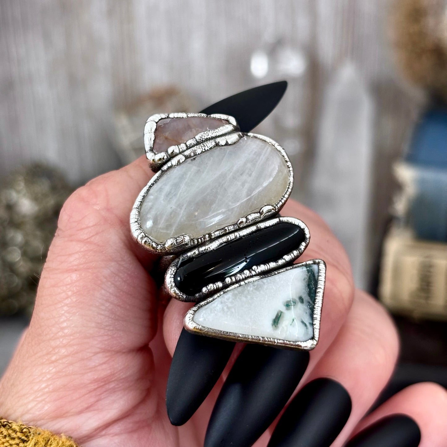 Multi Stone Peach Moonstone Rainbow Moonstone Obsidian Moss Agate Quartz Ring In Silver Size 10 / Foxlark Collection