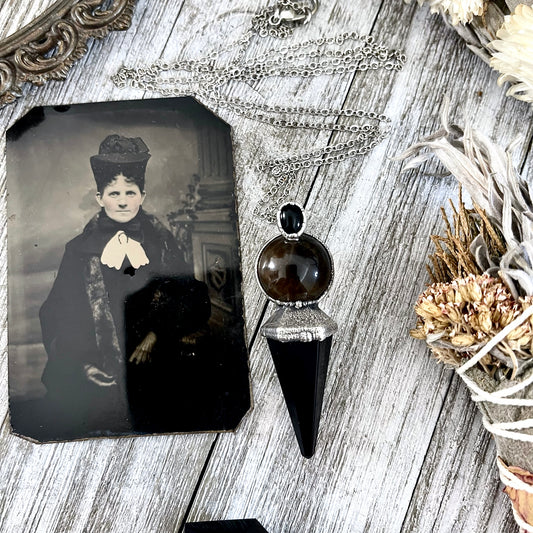 Smokey Quartz Sphere Black Onyx Pendulum Necklace Pendant in Fine Silver  / Foxlark Collection