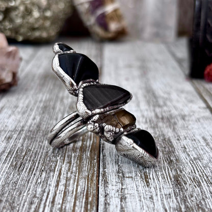 Multi Stone Black Obsidian Onyx Smoky Quartz Ring In Silver Size 9 / Foxlark Collection