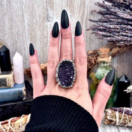 Raw Purple Amethyst Crystal Druzy Geode Ring in Fine Silver Size 9.5 / Foxlark Collection