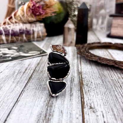 Multi Stone Black Obsidian Citrine  Ring In Silver Size 7 / Foxlark Collection