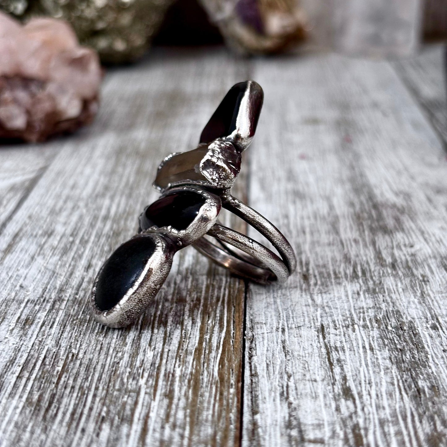 Multi Stone Black Obsidian Smoky Quartz River Rock Ring In Silver Size 7 / Foxlark Collection